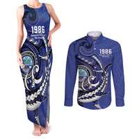 Personalized FSM 1986 Independence Day Couples Matching Tank Maxi Dress and Long Sleeve Button Shirt Polynesian Shark Tattoo Style