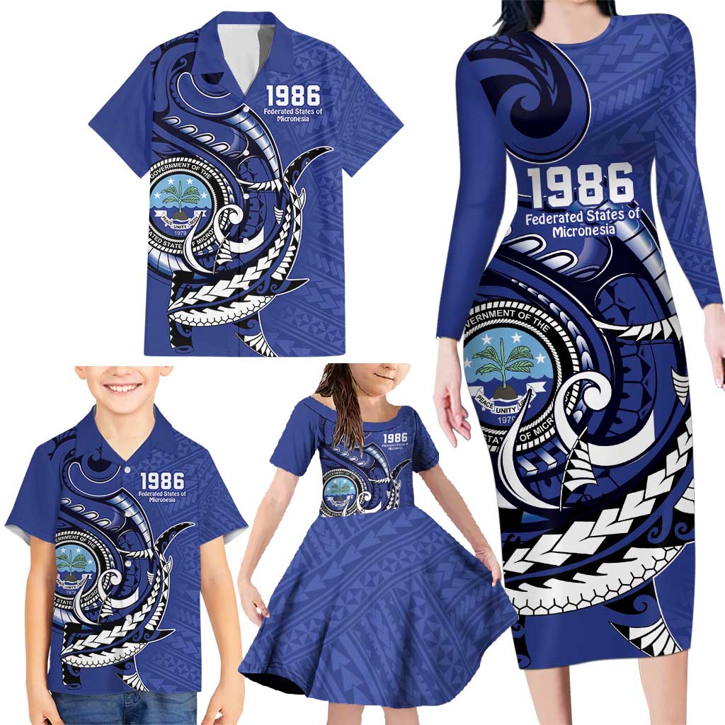 Personalized FSM 1986 Independence Day Family Matching Long Sleeve Bodycon Dress and Hawaiian Shirt Polynesian Shark Tattoo Style