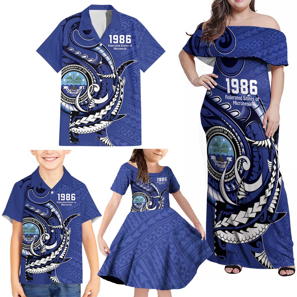 Personalized FSM 1986 Independence Day Family Matching Off Shoulder Maxi Dress and Hawaiian Shirt Polynesian Shark Tattoo Style