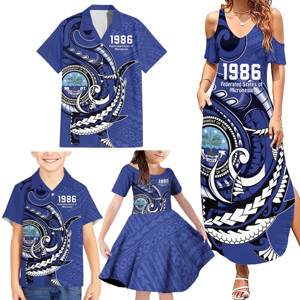 Personalized FSM 1986 Independence Day Family Matching Summer Maxi Dress and Hawaiian Shirt Polynesian Shark Tattoo Style