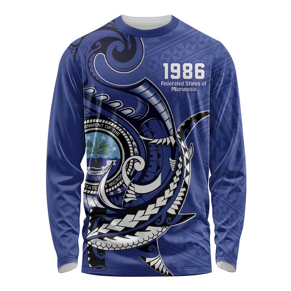 Personalized FSM 1986 Independence Day Long Sleeve Shirt Polynesian Shark Tattoo Style