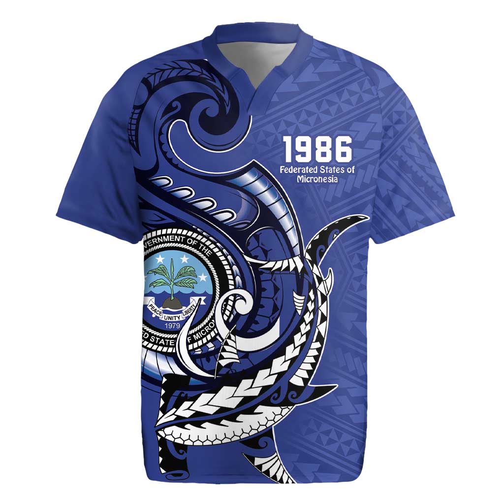 Personalized FSM 1986 Independence Day Rugby Jersey Polynesian Shark Tattoo Style