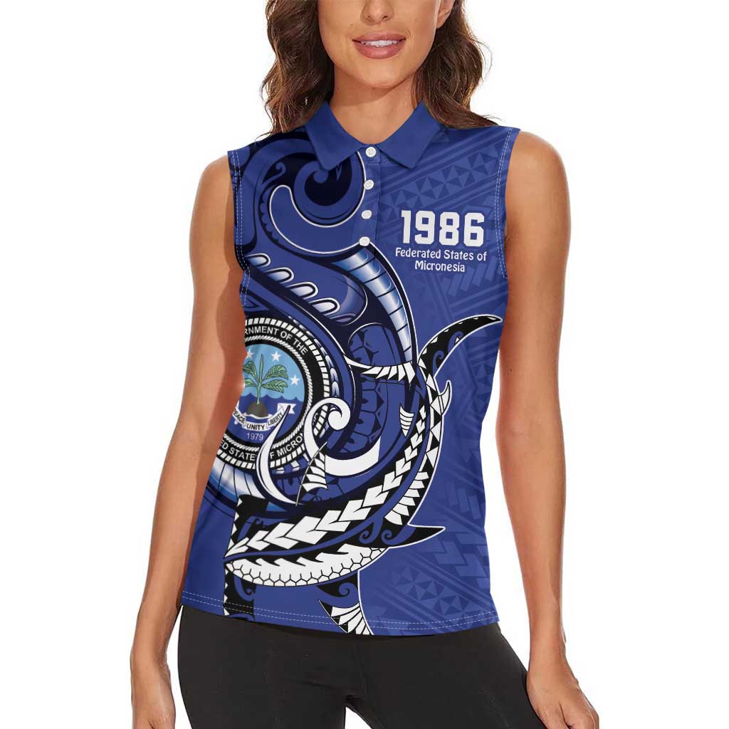 Personalized FSM 1986 Independence Day Women Sleeveless Polo Shirt Polynesian Shark Tattoo Style