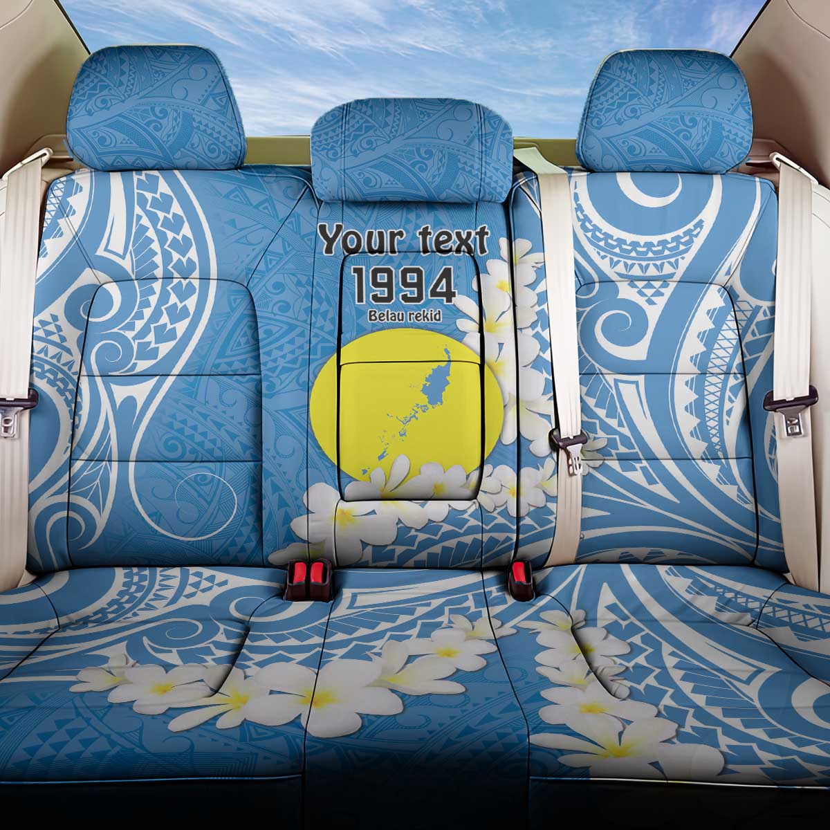 Personalized Palau 1994 Belau Rekid Back Car Seat Cover Polynesian Plumeria Style