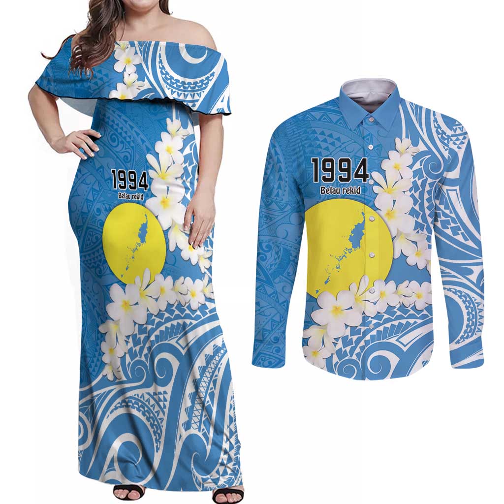 Personalized Palau 1994 Belau Rekid Couples Matching Off Shoulder Maxi Dress and Long Sleeve Button Shirt Polynesian Plumeria Style