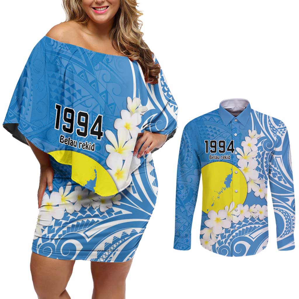 Personalized Palau 1994 Belau Rekid Couples Matching Off Shoulder Short Dress and Long Sleeve Button Shirt Polynesian Plumeria Style