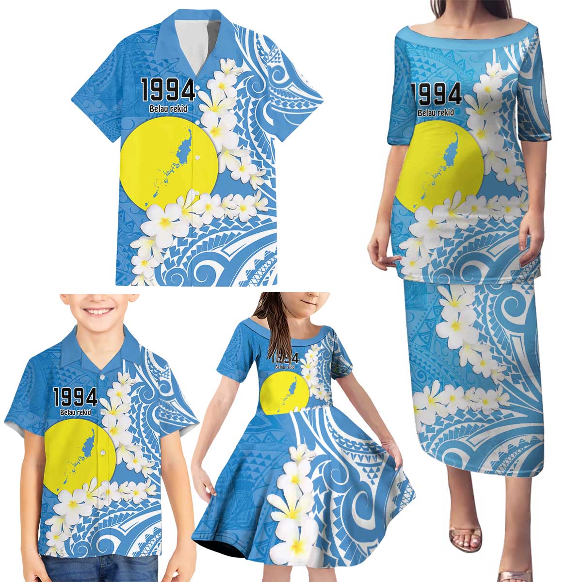 Personalized Palau 1994 Belau Rekid Family Matching Puletasi and Hawaiian Shirt Polynesian Plumeria Style