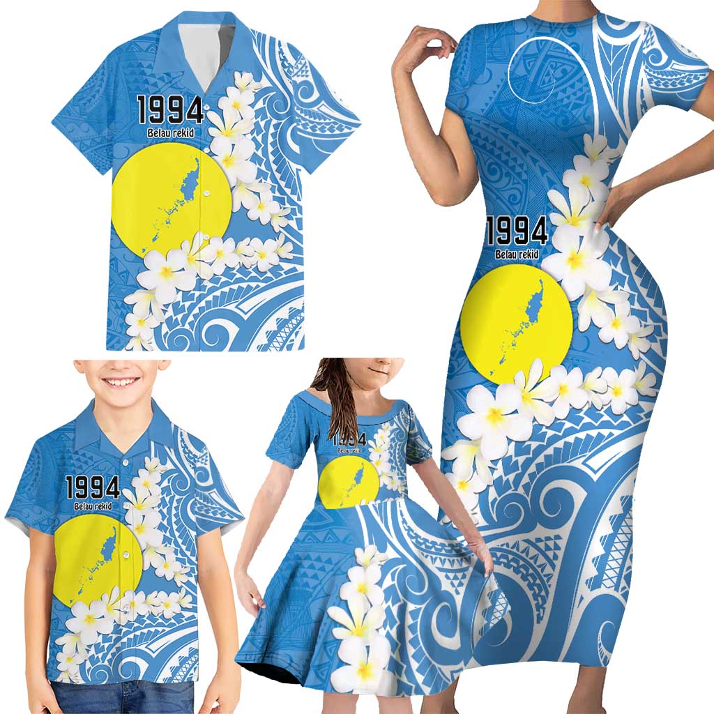 Personalized Palau 1994 Belau Rekid Family Matching Short Sleeve Bodycon Dress and Hawaiian Shirt Polynesian Plumeria Style