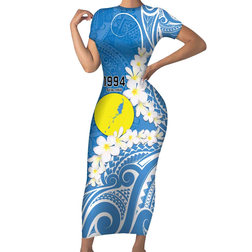 Personalized Palau 1994 Belau Rekid Short Sleeve Bodycon Dress Polynesian Plumeria Style