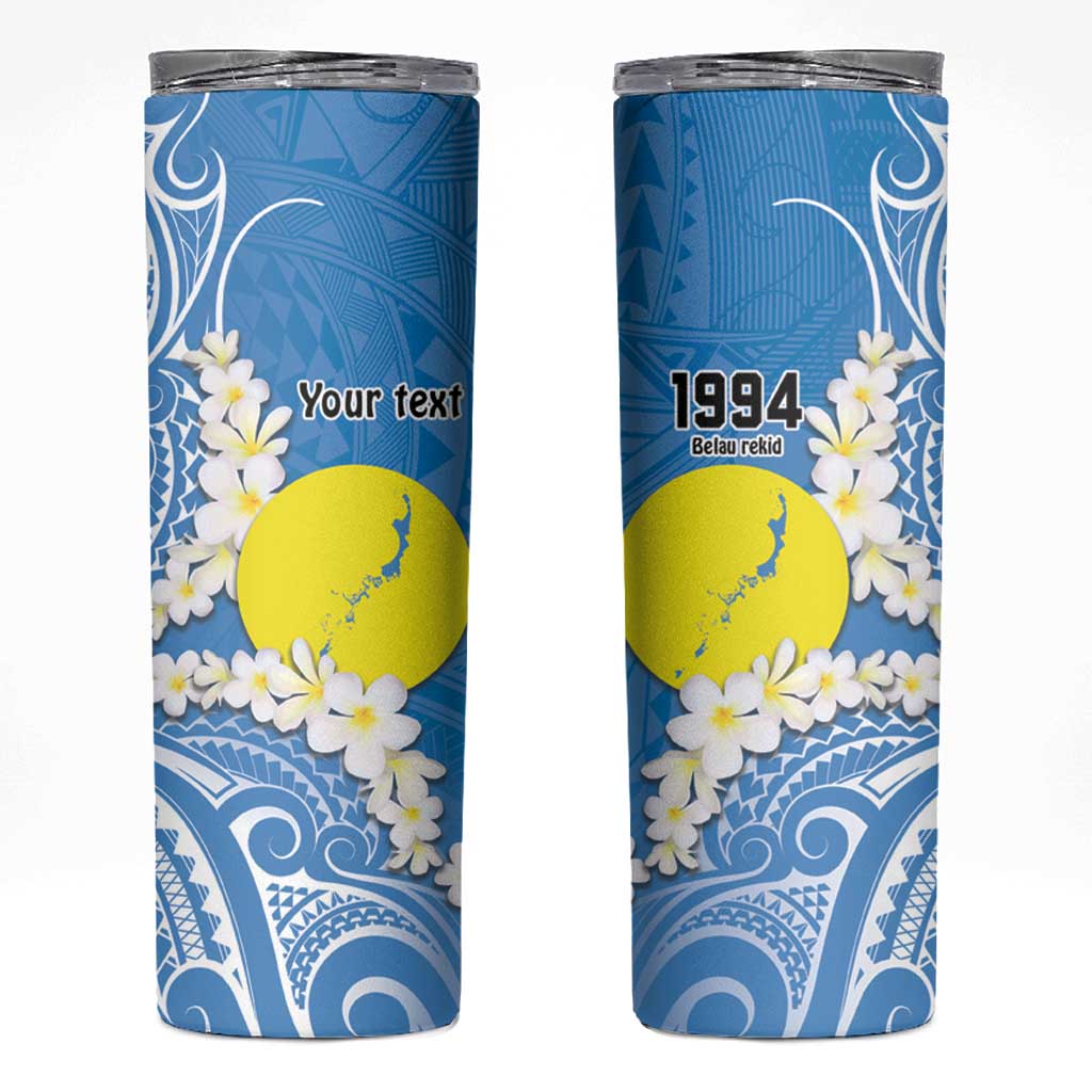 Personalized Palau 1994 Belau Rekid Skinny Tumbler Polynesian Plumeria Style