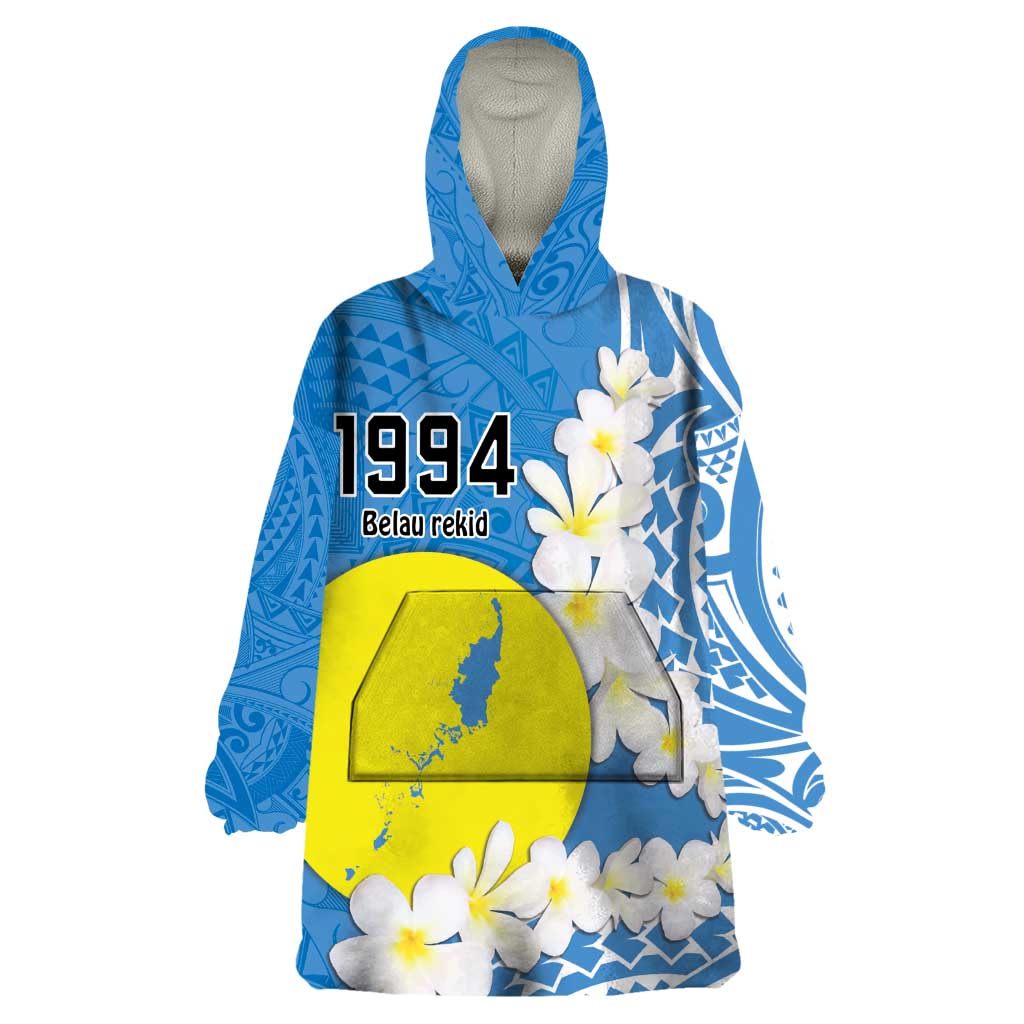 Personalized Palau 1994 Belau Rekid Wearable Blanket Hoodie Polynesian Plumeria Style