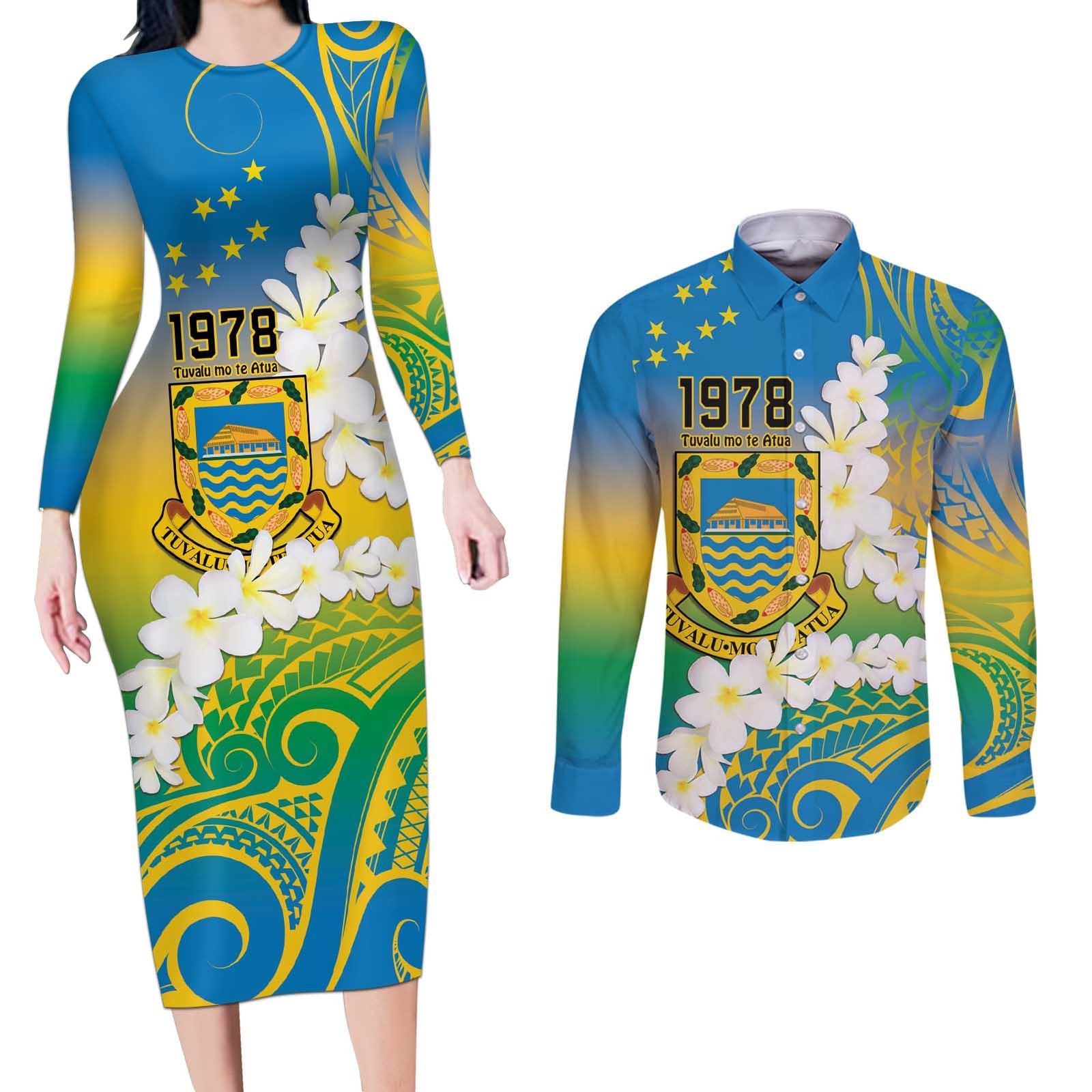 Personalised Tuvalu 1978 Independence Day Couples Matching Long Sleeve Bodycon Dress and Long Sleeve Button Shirt Polynesian Plumeria Style LT9 Gradient - Polynesian Pride