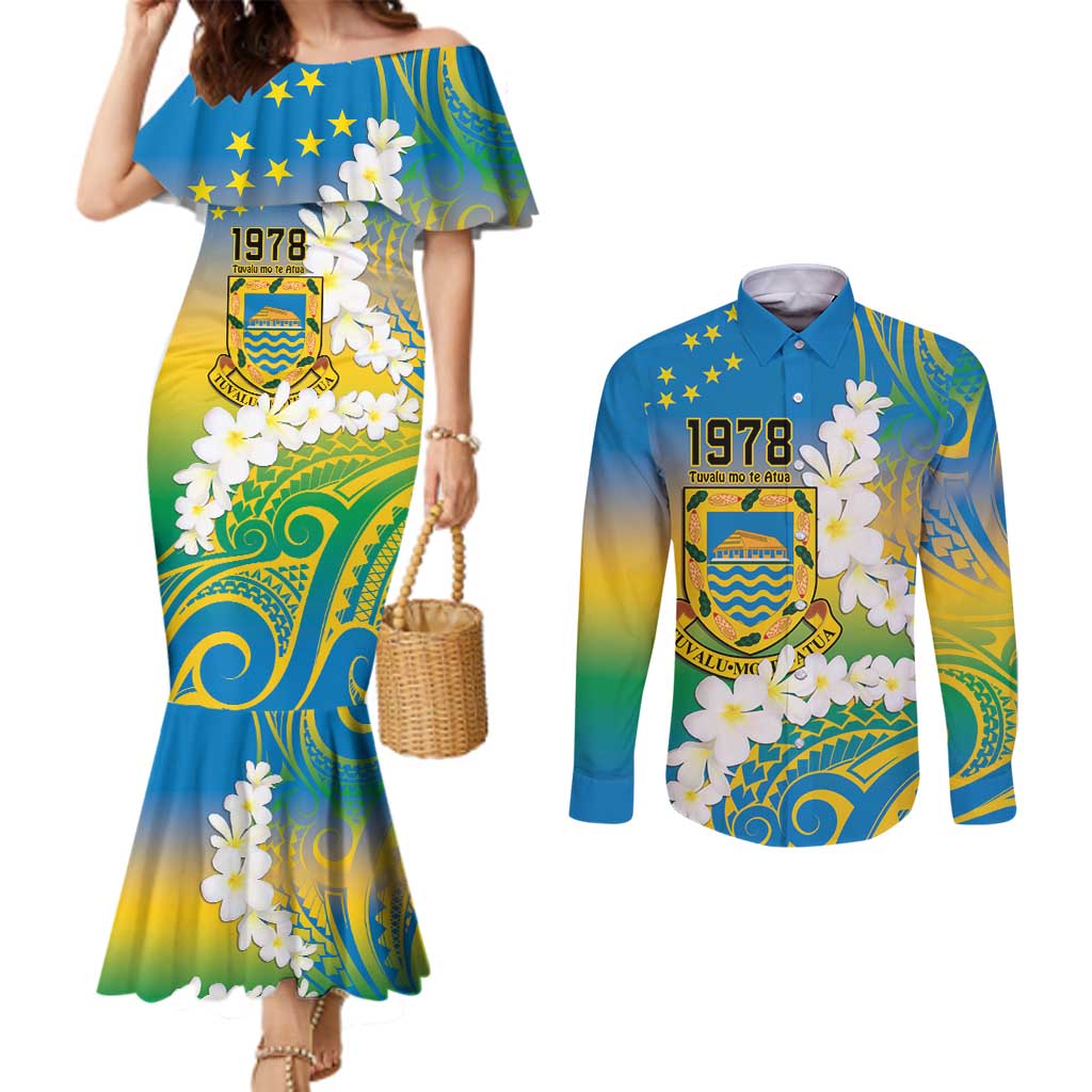 Personalised Tuvalu 1978 Independence Day Couples Matching Mermaid Dress and Long Sleeve Button Shirt Polynesian Plumeria Style LT9 Gradient - Polynesian Pride