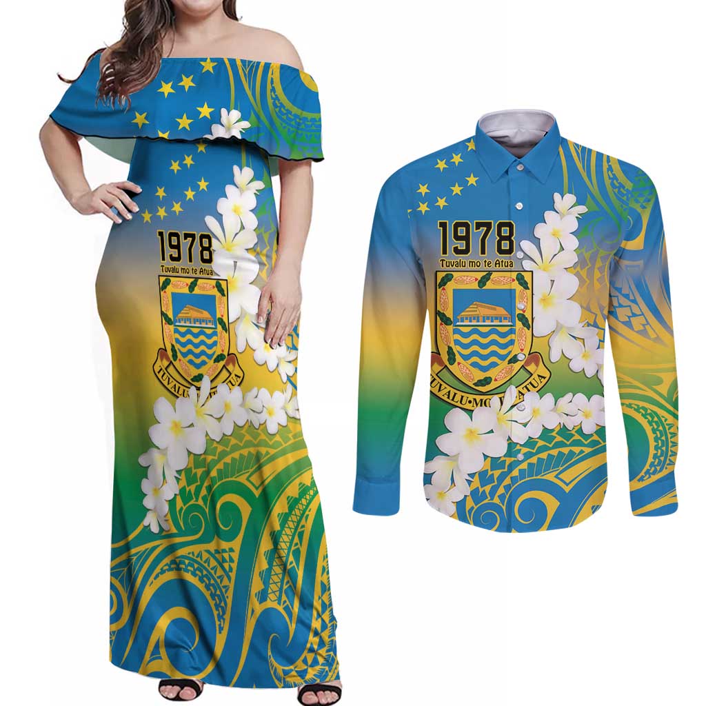 Personalised Tuvalu 1978 Independence Day Couples Matching Off Shoulder Maxi Dress and Long Sleeve Button Shirt Polynesian Plumeria Style LT9 Gradient - Polynesian Pride