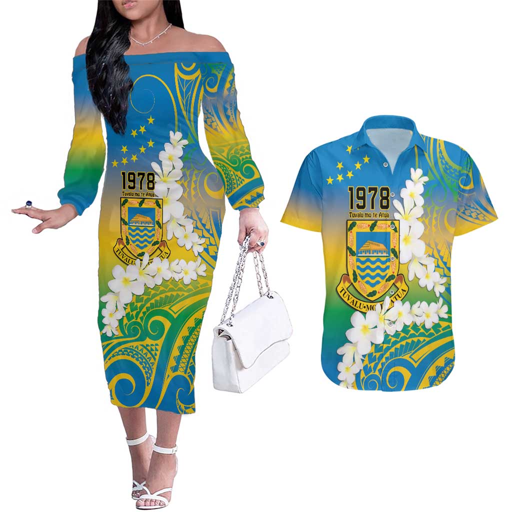 Personalised Tuvalu 1978 Independence Day Couples Matching Off The Shoulder Long Sleeve Dress and Hawaiian Shirt Polynesian Plumeria Style LT9 Gradient - Polynesian Pride