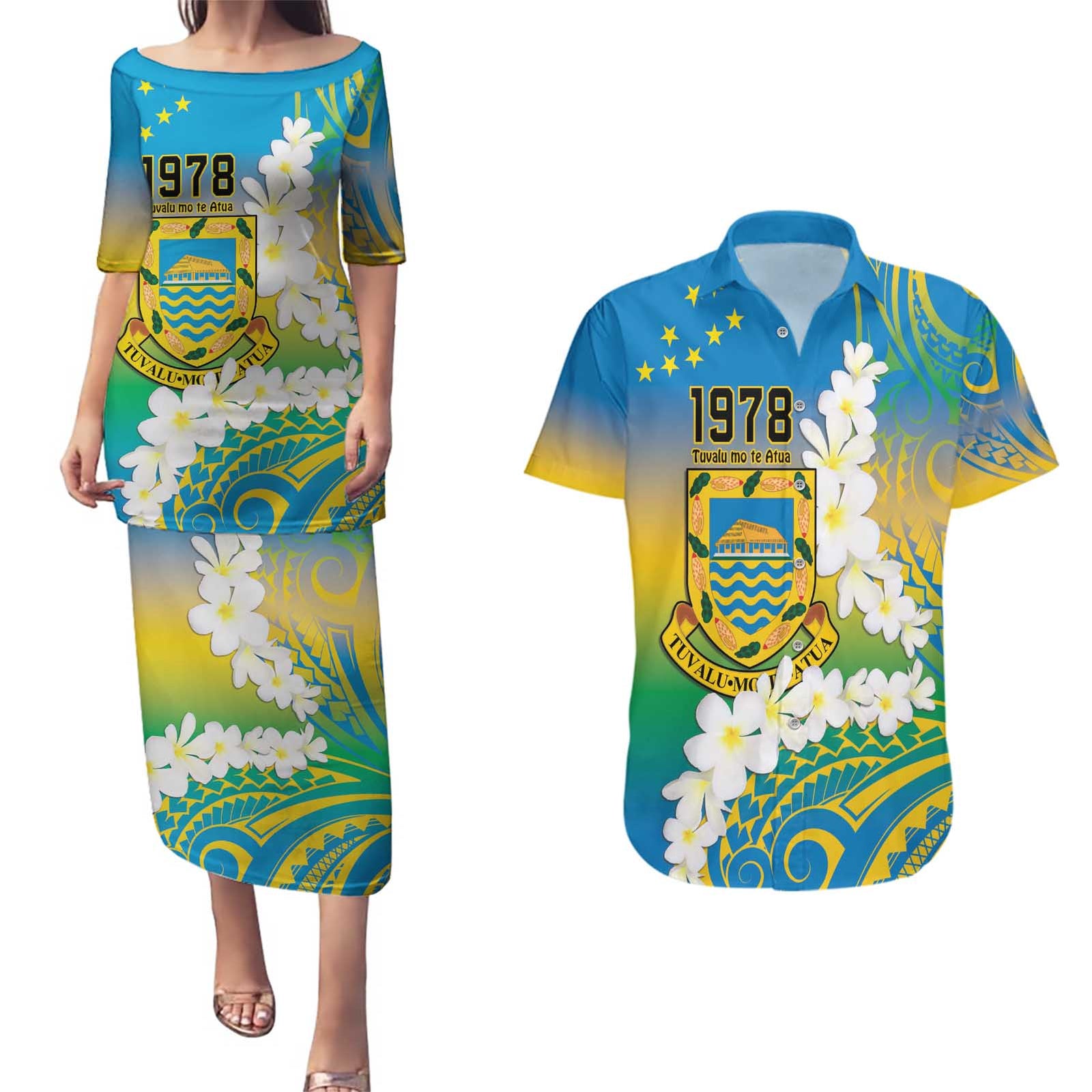 Personalised Tuvalu 1978 Independence Day Couples Matching Puletasi and Hawaiian Shirt Polynesian Plumeria Style LT9 Gradient - Polynesian Pride