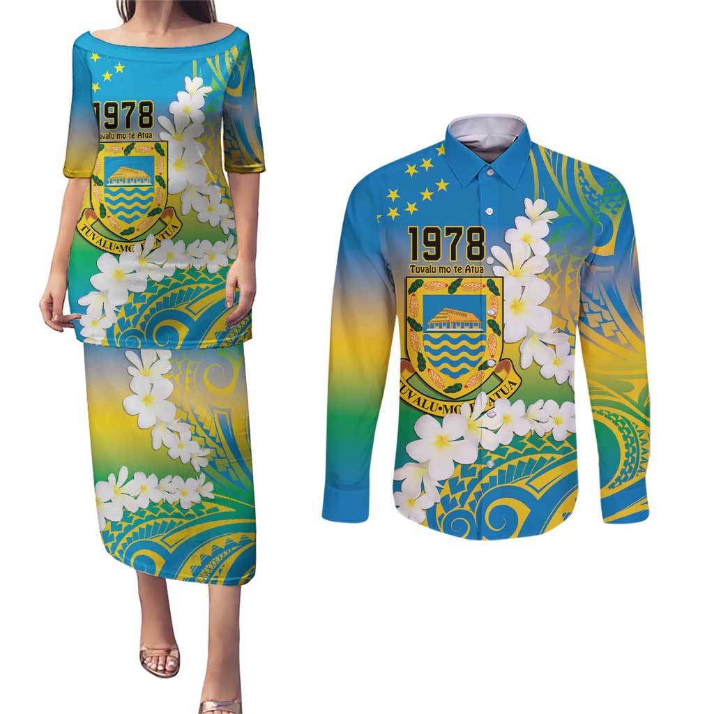 Personalised Tuvalu 1978 Independence Day Couples Matching Puletasi and Long Sleeve Button Shirt Polynesian Plumeria Style LT9 Gradient - Polynesian Pride