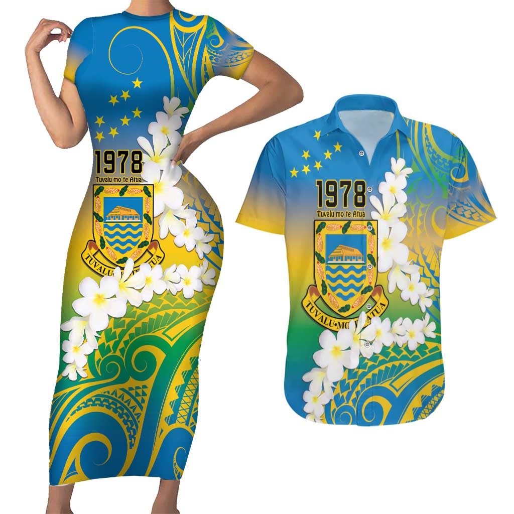 Personalised Tuvalu 1978 Independence Day Couples Matching Short Sleeve Bodycon Dress and Hawaiian Shirt Polynesian Plumeria Style LT9 Gradient - Polynesian Pride