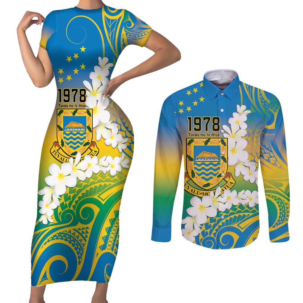 Personalised Tuvalu 1978 Independence Day Couples Matching Short Sleeve Bodycon Dress and Long Sleeve Button Shirt Polynesian Plumeria Style