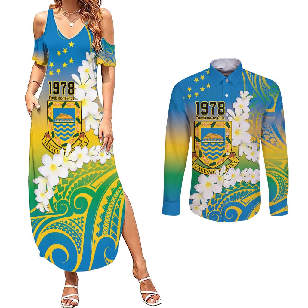 Personalised Tuvalu 1978 Independence Day Couples Matching Summer Maxi Dress and Long Sleeve Button Shirt Polynesian Plumeria Style