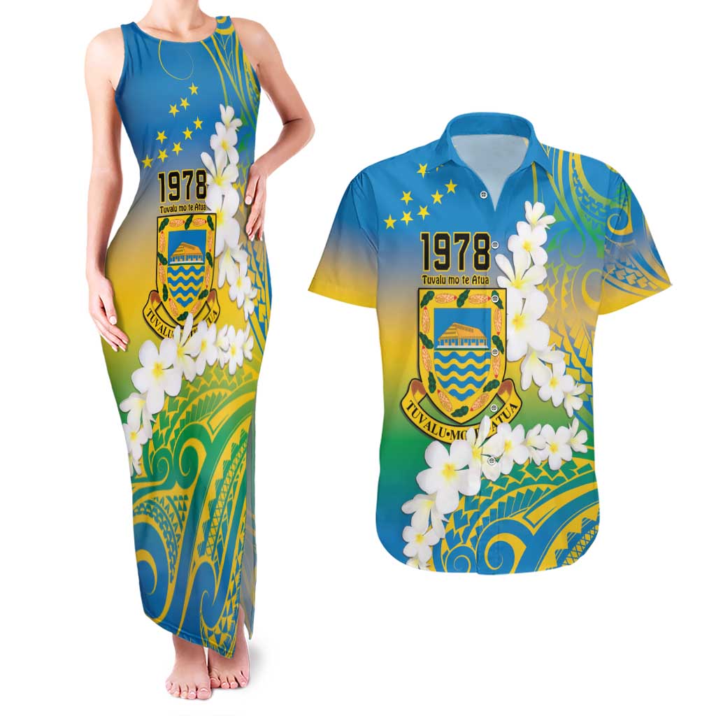 Personalised Tuvalu 1978 Independence Day Couples Matching Tank Maxi Dress and Hawaiian Shirt Polynesian Plumeria Style LT9 Gradient - Polynesian Pride