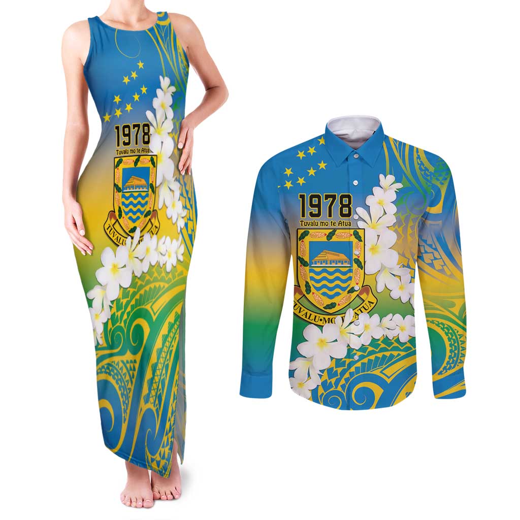 Personalised Tuvalu 1978 Independence Day Couples Matching Tank Maxi Dress and Long Sleeve Button Shirt Polynesian Plumeria Style LT9 Gradient - Polynesian Pride