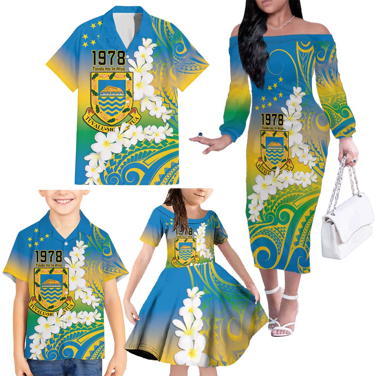 Personalised Tuvalu 1978 Independence Day Family Matching Off The Shoulder Long Sleeve Dress and Hawaiian Shirt Polynesian Plumeria Style