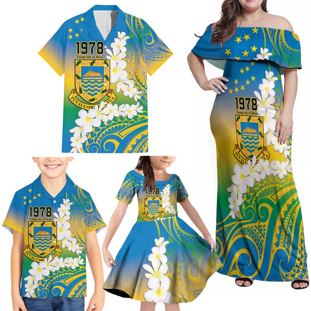 Personalised Tuvalu 1978 Independence Day Family Matching Off Shoulder Maxi Dress and Hawaiian Shirt Polynesian Plumeria Style