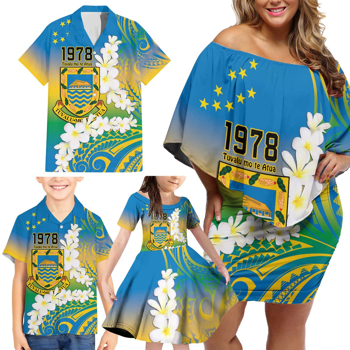 Personalised Tuvalu 1978 Independence Day Family Matching Off Shoulder Short Dress and Hawaiian Shirt Polynesian Plumeria Style LT9 - Polynesian Pride
