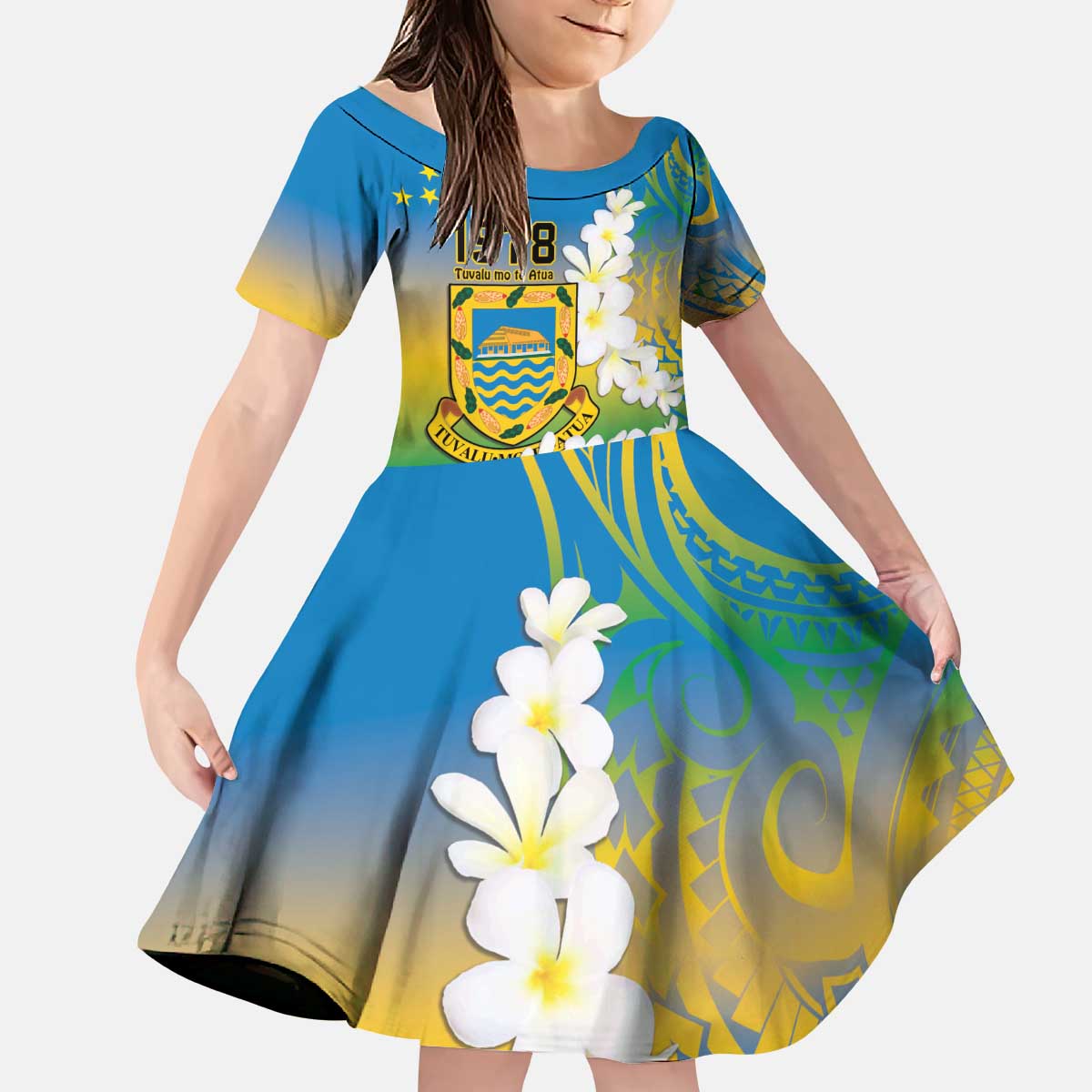 Personalised Tuvalu 1978 Independence Day Kid Short Sleeve Dress Polynesian Plumeria Style