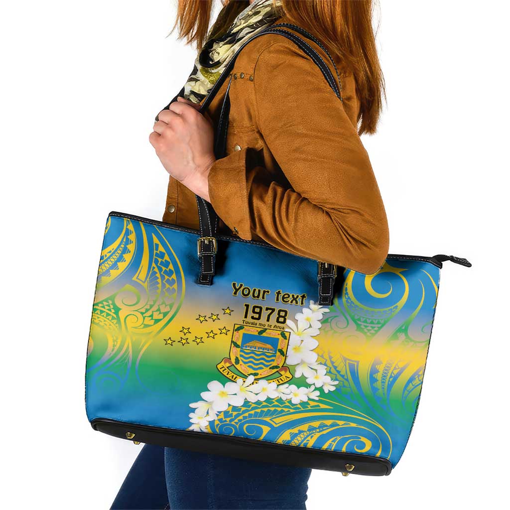 Personalised Tuvalu 1978 Independence Day Leather Tote Bag Polynesian Plumeria Style LT9 Gradient - Polynesian Pride