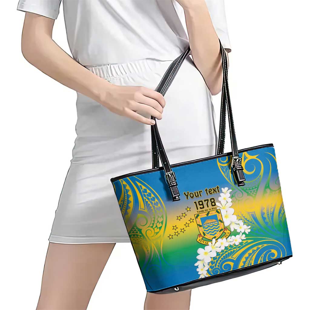 Personalised Tuvalu 1978 Independence Day Leather Tote Bag Polynesian Plumeria Style LT9 - Polynesian Pride