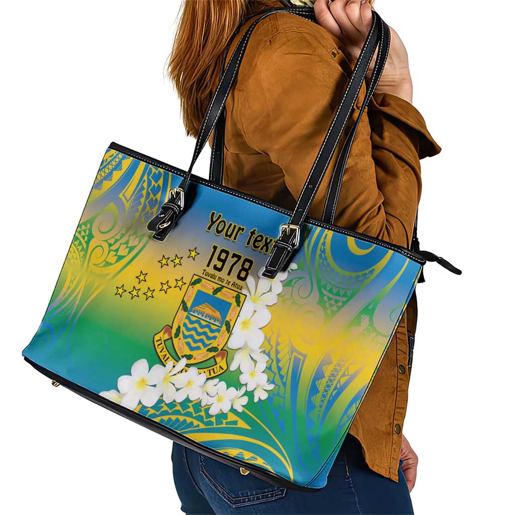 Personalised Tuvalu 1978 Independence Day Leather Tote Bag Polynesian Plumeria Style LT9 - Polynesian Pride