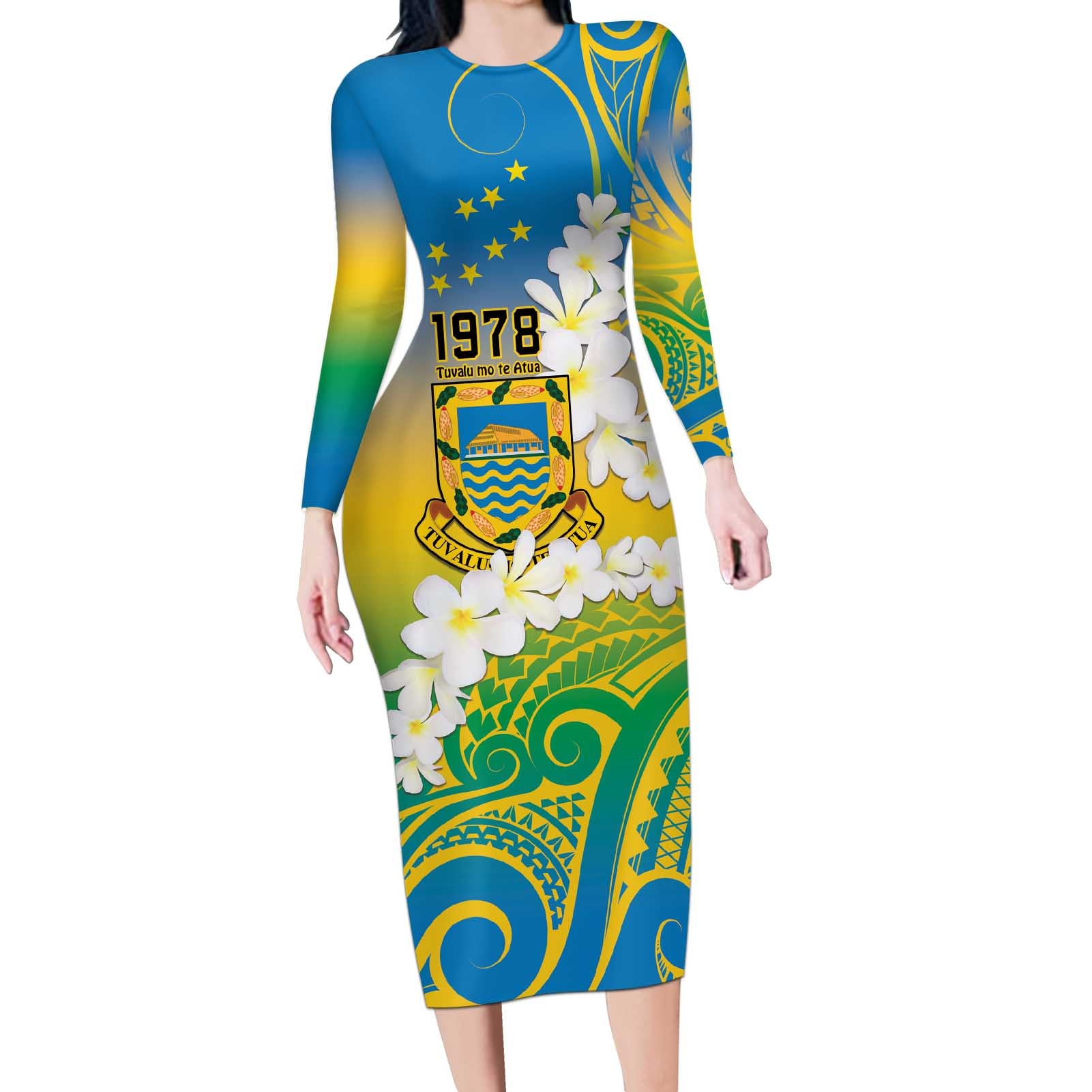 Personalised Tuvalu 1978 Independence Day Long Sleeve Bodycon Dress Polynesian Plumeria Style