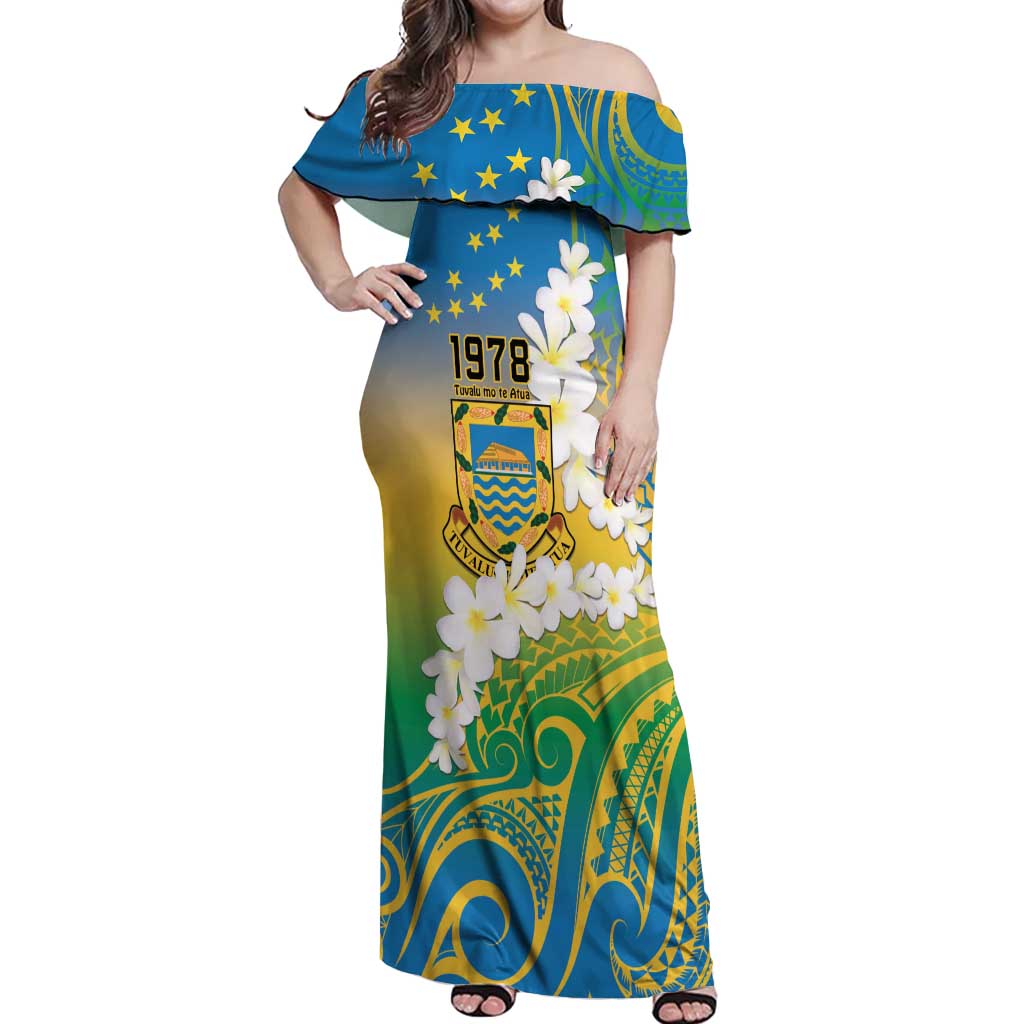 Personalised Tuvalu 1978 Independence Day Off Shoulder Maxi Dress Polynesian Plumeria Style