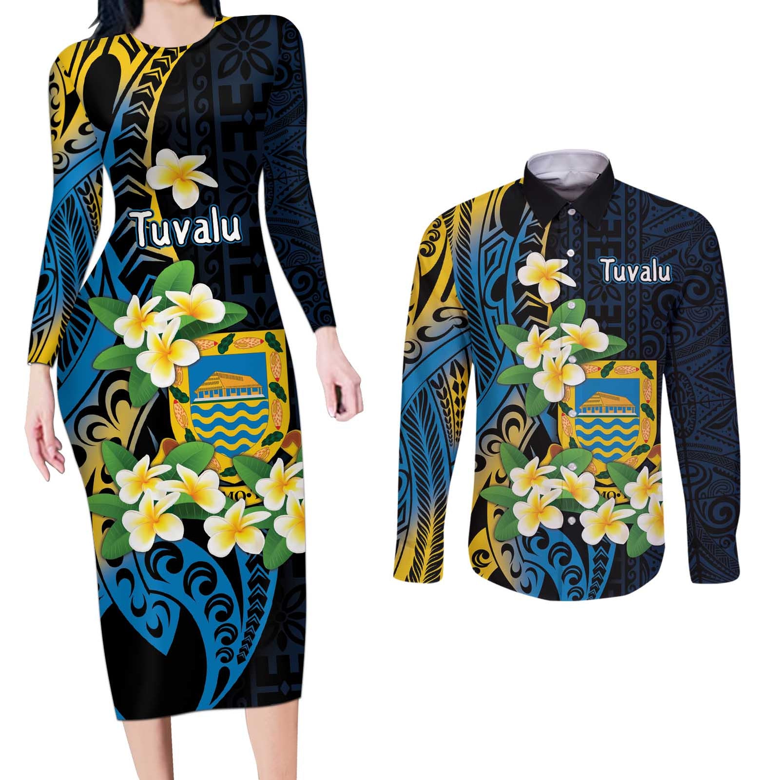 Personalised Tuvalu Beautiful Plumeria Flower Couples Matching Long Sleeve Bodycon Dress and Long Sleeve Button Shirt LT9 Black - Polynesian Pride