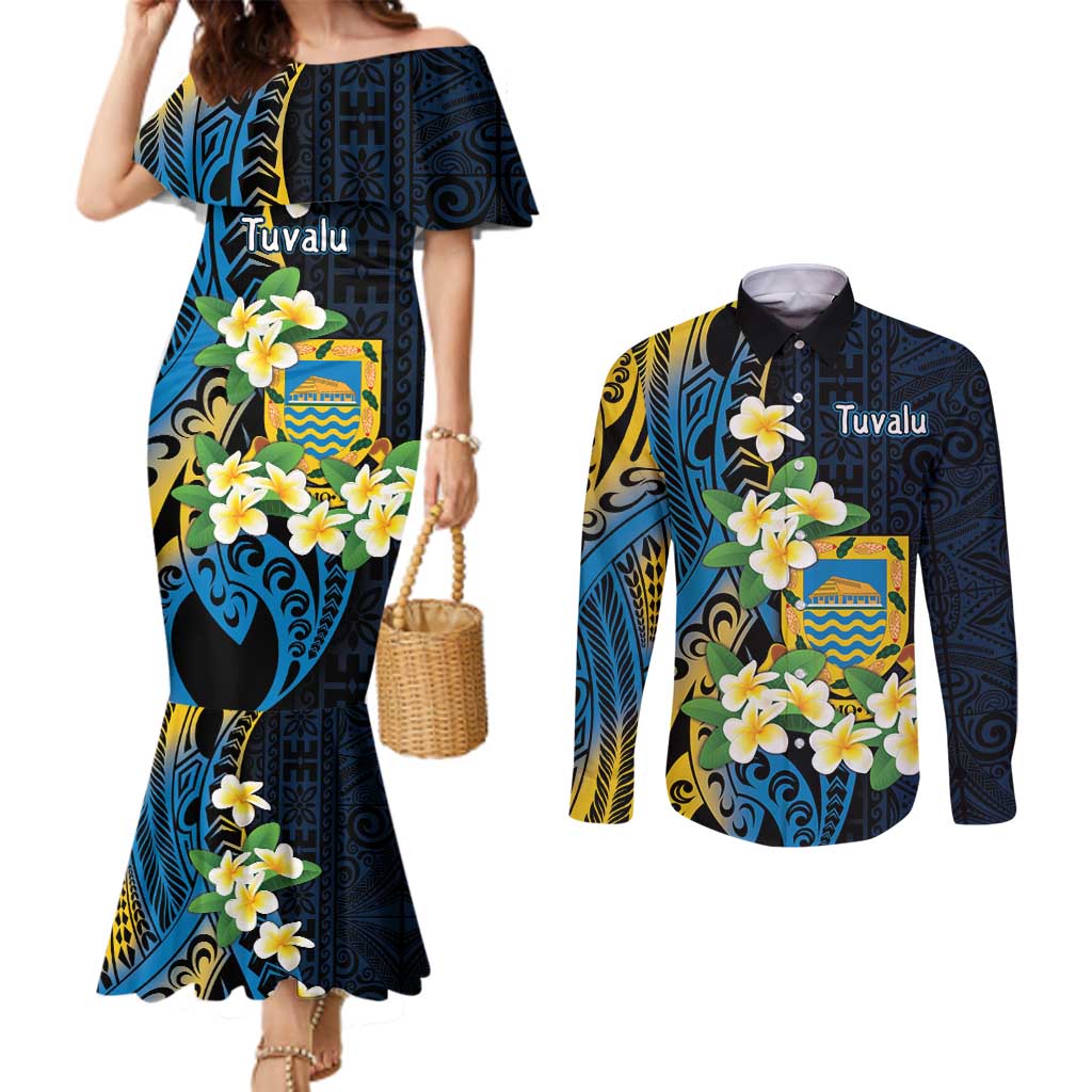 Personalised Tuvalu Beautiful Plumeria Flower Couples Matching Mermaid Dress and Long Sleeve Button Shirt LT9 Black - Polynesian Pride