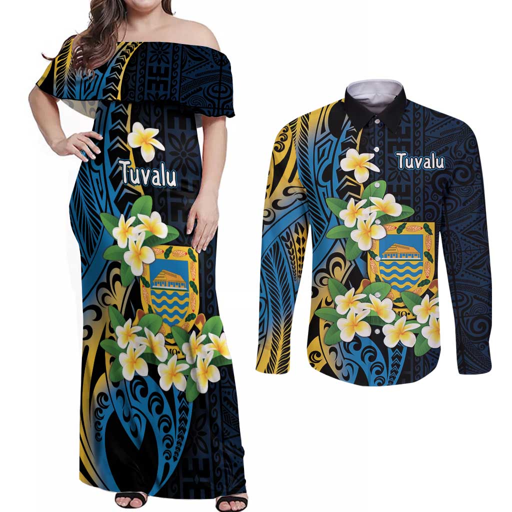 Personalised Tuvalu Beautiful Plumeria Flower Couples Matching Off Shoulder Maxi Dress and Long Sleeve Button Shirt LT9 Black - Polynesian Pride