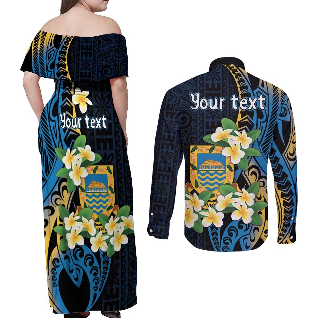 Personalised Tuvalu Beautiful Plumeria Flower Couples Matching Off Shoulder Maxi Dress and Long Sleeve Button Shirt LT9 - Polynesian Pride