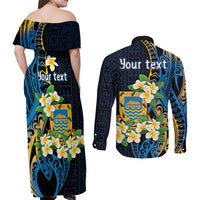 Personalised Tuvalu Beautiful Plumeria Flower Couples Matching Off Shoulder Maxi Dress and Long Sleeve Button Shirt LT9 - Polynesian Pride
