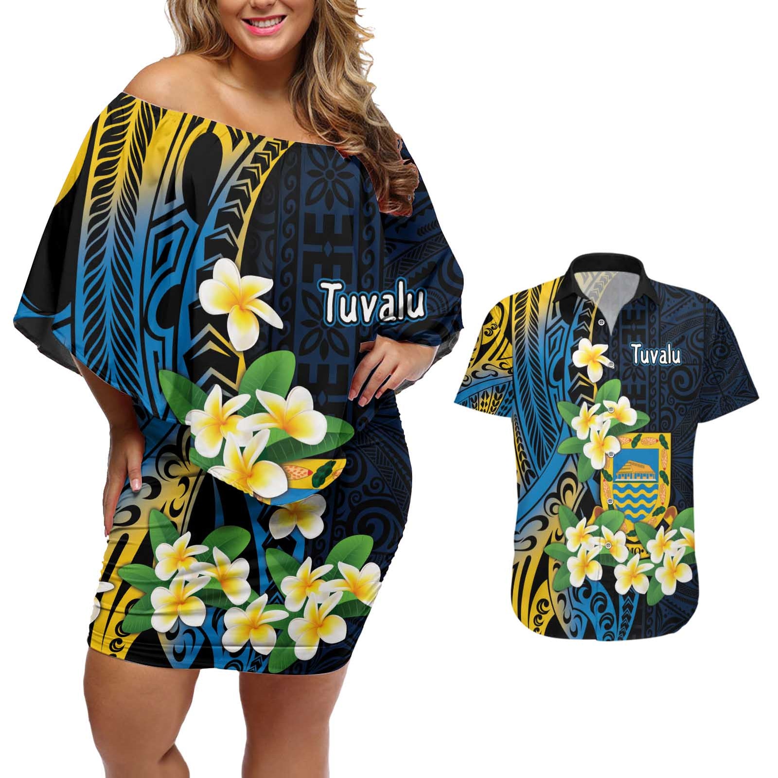 Personalised Tuvalu Beautiful Plumeria Flower Couples Matching Off Shoulder Short Dress and Hawaiian Shirt LT9 Black - Polynesian Pride