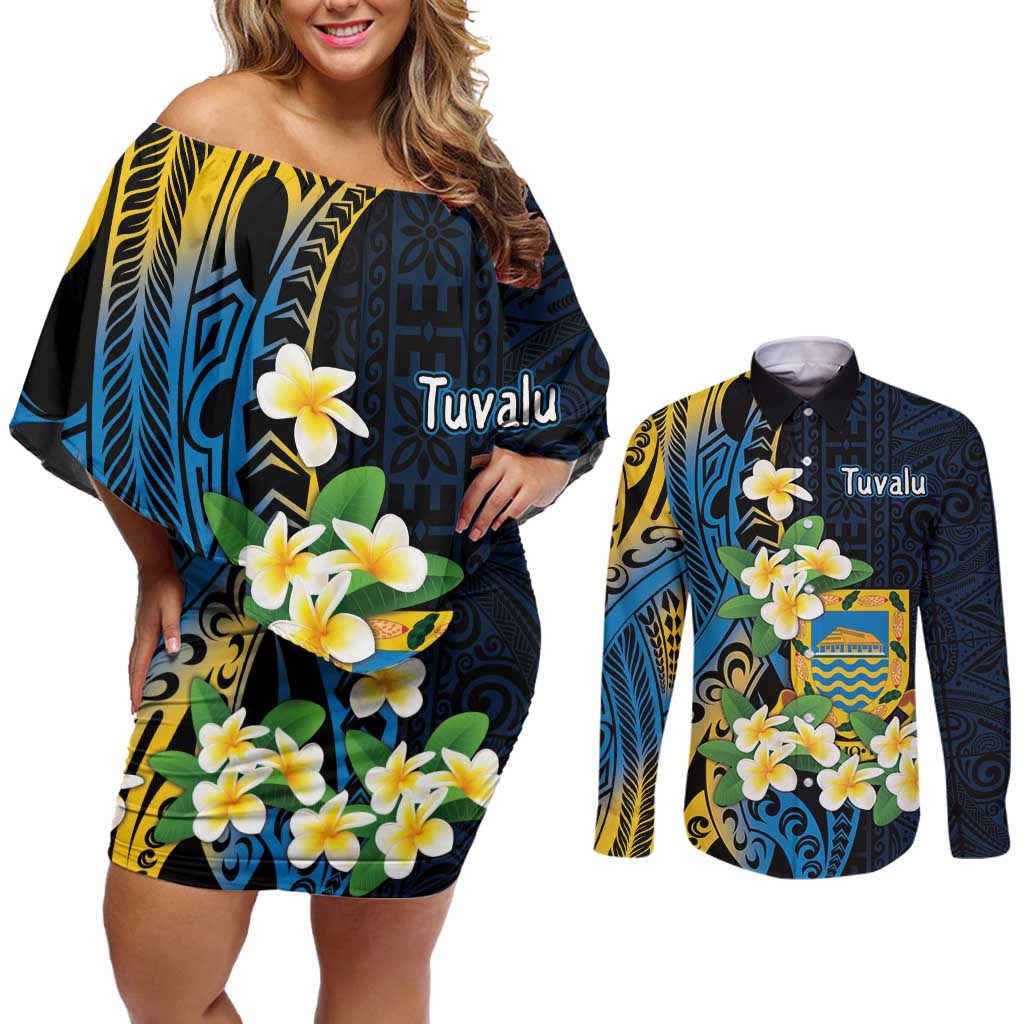 Personalised Tuvalu Beautiful Plumeria Flower Couples Matching Off Shoulder Short Dress and Long Sleeve Button Shirt LT9 Black - Polynesian Pride