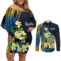 Personalised Tuvalu Beautiful Plumeria Flower Couples Matching Off Shoulder Short Dress and Long Sleeve Button Shirt LT9 Black - Polynesian Pride