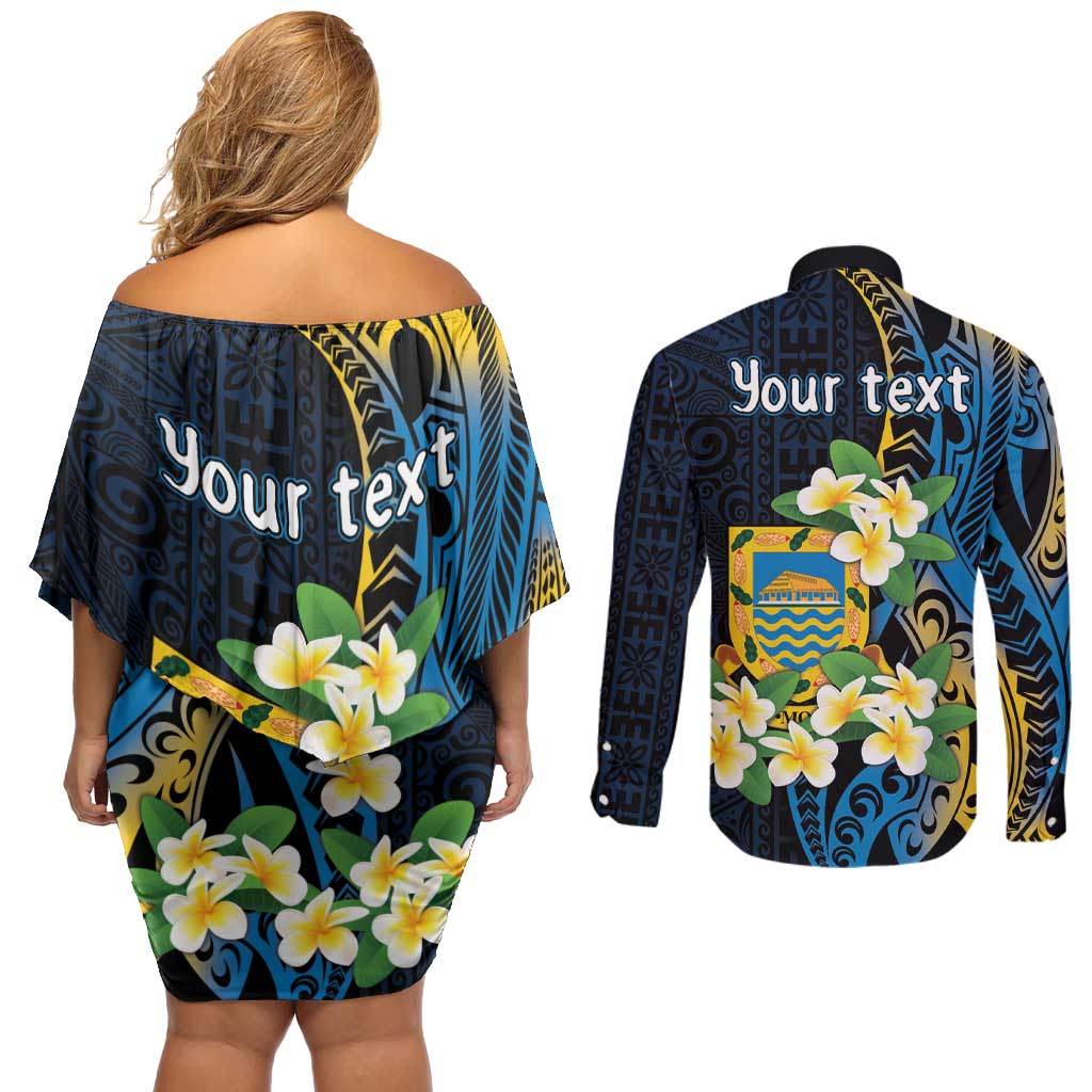 Personalised Tuvalu Beautiful Plumeria Flower Couples Matching Off Shoulder Short Dress and Long Sleeve Button Shirt LT9 - Polynesian Pride