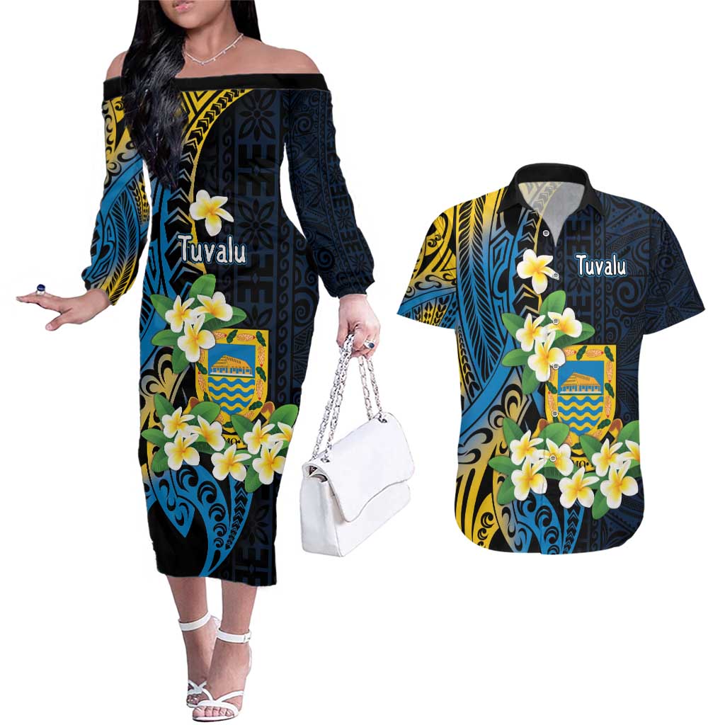 Personalised Tuvalu Beautiful Plumeria Flower Couples Matching Off The Shoulder Long Sleeve Dress and Hawaiian Shirt LT9 Black - Polynesian Pride