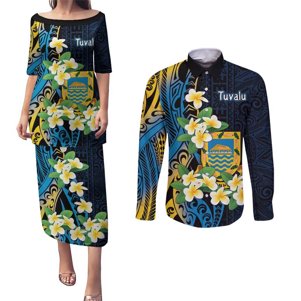 Personalised Tuvalu Beautiful Plumeria Flower Couples Matching Puletasi and Long Sleeve Button Shirt LT9 Black - Polynesian Pride