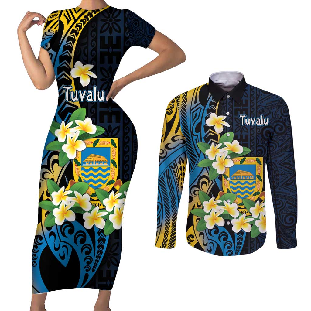 Personalised Tuvalu Beautiful Plumeria Flower Couples Matching Short Sleeve Bodycon Dress and Long Sleeve Button Shirt LT9 Black - Polynesian Pride