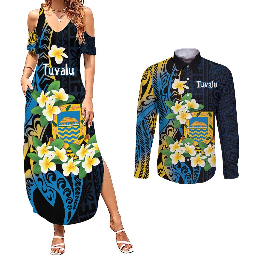 Personalised Tuvalu Beautiful Plumeria Flower Couples Matching Summer Maxi Dress and Long Sleeve Button Shirt LT9 Black - Polynesian Pride
