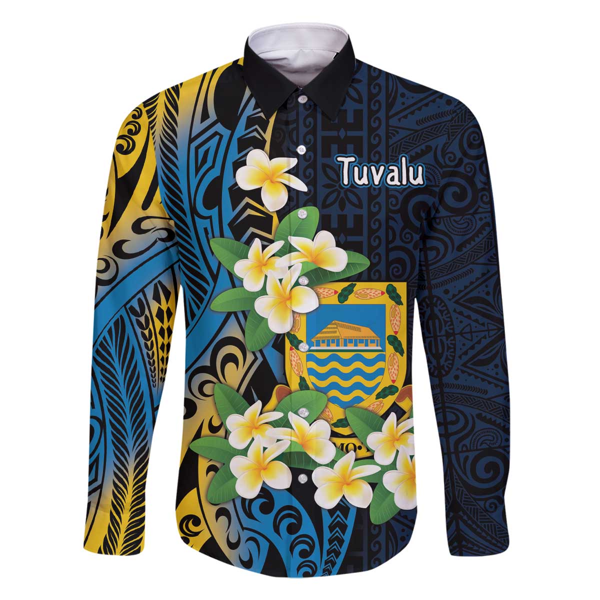 Personalised Tuvalu Beautiful Plumeria Flower Family Matching Off The Shoulder Long Sleeve Dress and Hawaiian Shirt LT9 Dad's Shirt - Long Sleeve Black - Polynesian Pride
