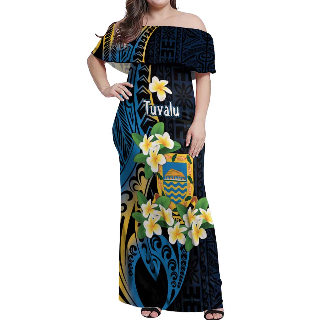 Personalised Tuvalu Beautiful Plumeria Flower Off Shoulder Maxi Dress LT9 Women Black - Polynesian Pride